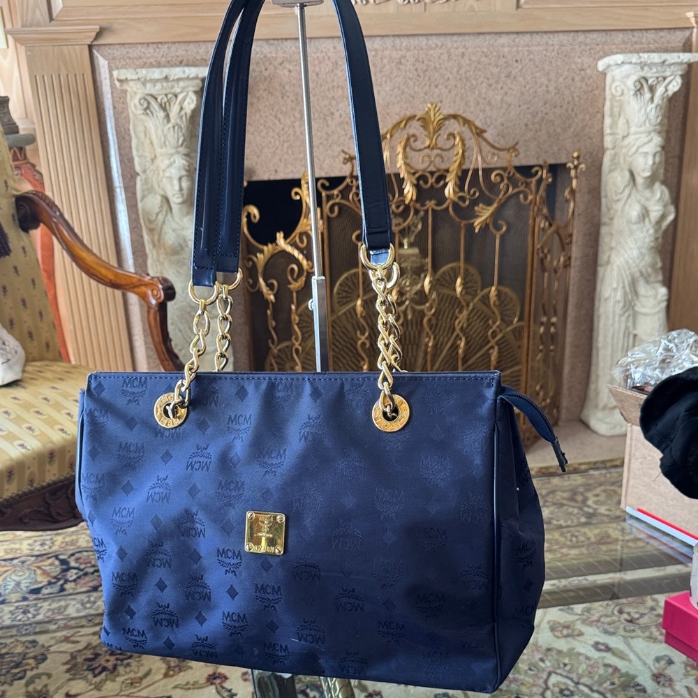MCM Shoulder Bag dark blue with Gold Accents